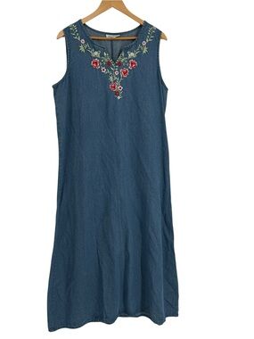 Vintage 90s Y2K Embroidered Denim Maxi Dress Size L Prairie Cottage Folk Jumper